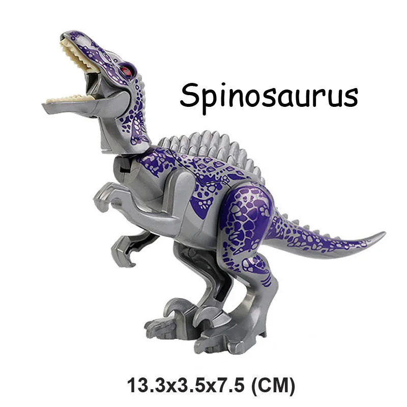 Modellino di spinosauro viola e grigio in piedi sulle zampe posteriori, con vela sulla schiena e bocca aperta